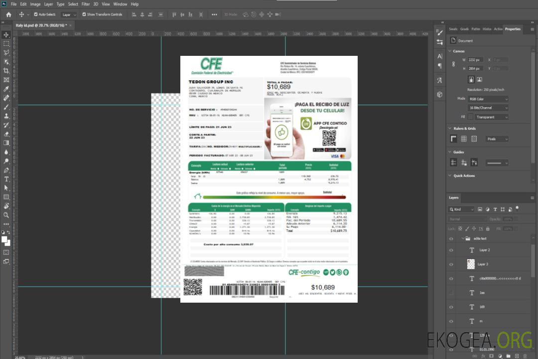Facture de services publics de la Commission Fédérale de l'Électricité (CFE) SCR page 1 template